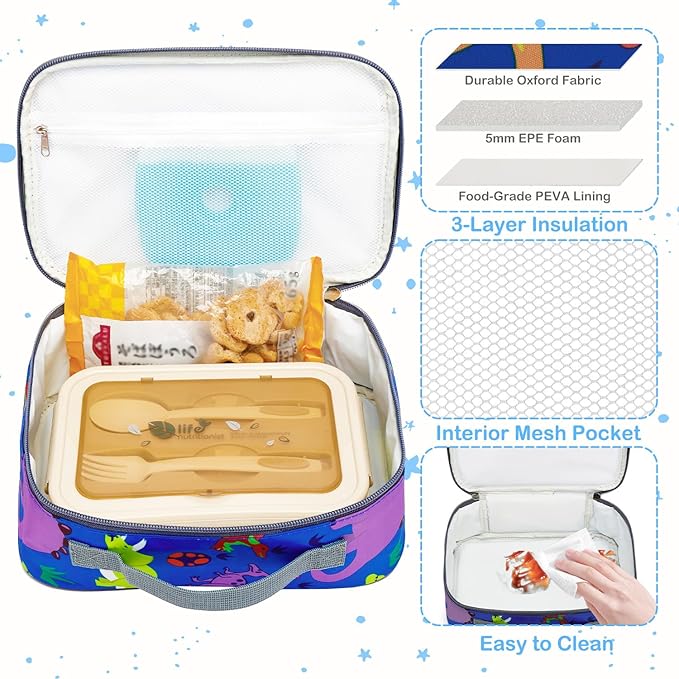 FlowFly Kids Lunch box Insulated Soft Bag Mini Cooler Back to School Thermal Meal Tote Kit for Girls, Boys, Dinosaur