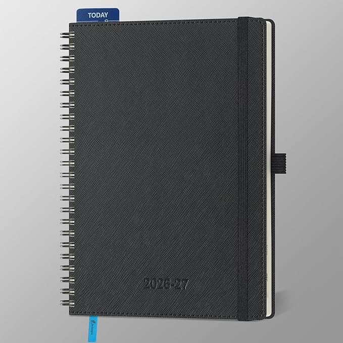 Planner 2026-2027 Daily Weekly and Monthly,8.5"x6.5",18 Months Spiral Bound Calendar Agenda with Self-adhesive Pen Holder,2026 Academic Plan with Vegan Leather Soft Cover,Black