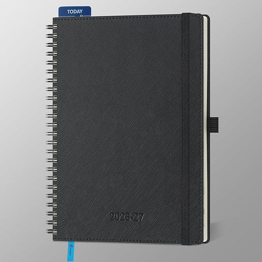 Planner 2026-2027 Daily Weekly and Monthly,8.5"x6.5",18 Months Spiral Bound Calendar Agenda with Self-adhesive Pen Holder,2026 Academic Plan with Vegan Leather Soft Cover,Black
