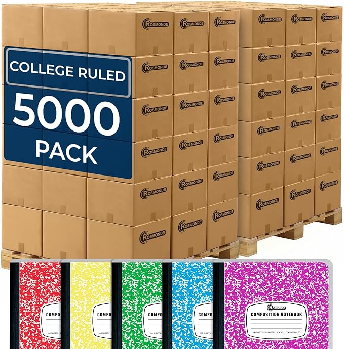Rosmonde 5000 Pack (Pallet) Composition Notebook Bulk, College Ruled, Large Pallet of Composition Notebooks, 100 Sheets (200 Pages), 9-3/4 x 7-1/2, Bulk Order for Schools, 4-7 Days Transit