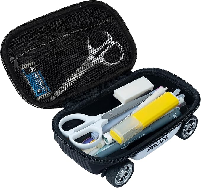 ZIPIT Police Car Pencil Case for Boys, Large Capacity Pencil Box for School with Spinning Wheels, Blue