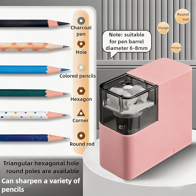 Electric Pencil Sharpener with Battery, Battery Powered,for Colored Pencils Handheld Pencil Sharpener,Portable Sharpener, Two Replacement Blades for in for 6-8mm Pencils for Office/Home/School (Pink)