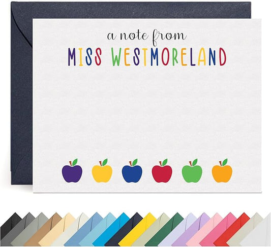Personalized Stationery Teacher Note Cards with Envelopes – Custom Minimalist Thank You Cards, 12 Flat Note Cards & Colored Envelopes – Crush-Resistant Gift Packaging (Colored Apples)