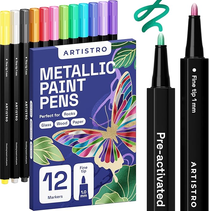 ARTISTRO 12 Metallic Paint Pens for Glass Marking, Rock Painting, Ceramic, Wood, Fabric, Scrapbooking, DIY Craft Making, Coloring - Acrylic Paint Markers Fine Tip 1mm