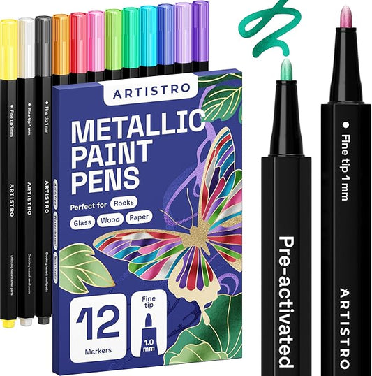 ARTISTRO 12 Metallic Paint Pens for Glass Marking, Rock Painting, Ceramic, Wood, Fabric, Scrapbooking, DIY Craft Making, Coloring - Acrylic Paint Markers Fine Tip 1mm