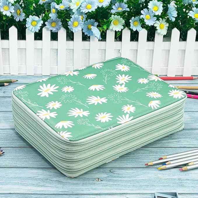 YOUNGCOL 200 Slots Colored Pencil Case Color Pencil Organizer Storage Large Capacity Pencil Case (Green + Sunflower)