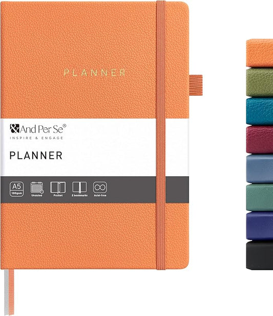 And Per Se Undated Planner, Weekly & Monthly Planner with Goal & Habit Tracker, A5 Leather Hardcover Productivity Journal for Academic Year (Pumpkin Orange)