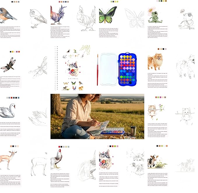 48 Colors Watercolor Book with Paint，Beginner Watercolor Workbook Kit, Watercolors Workbook (Animal -48 Colors)