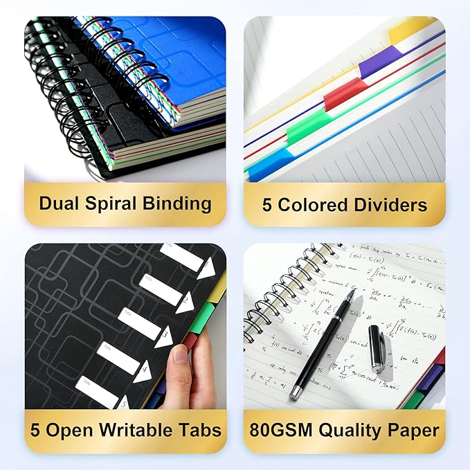 CAGIE 2 Pack Spiral Notebook for Work 5 Subject Notebook with Dividers Tabs A5 Spiral Bound Journal College Ruled 240 Pages for School Office Business Supplies Notebook Taking,5x7 (Black&Blue)