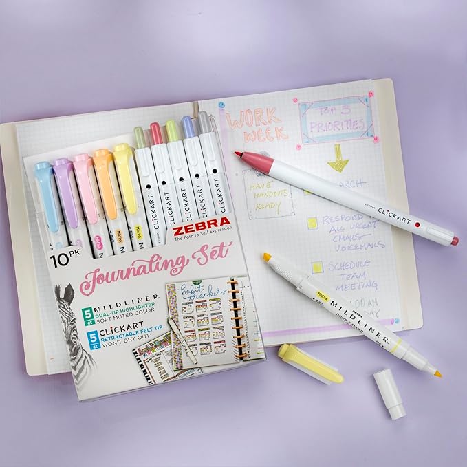 Zebra Pen - Creative 10-Pack Journaling Set - No Bleed MILDLINER Highlighters & CLiCKART Pens - Assorted Colors for Note-Taking, Bible Study, Bullet Journaling and Creative Planning (14010)