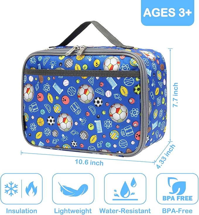 FlowFly Kids Lunch box Insulated Soft Bag Mini Cooler Back to School Thermal Meal Tote Kit for Girls, Boys,football