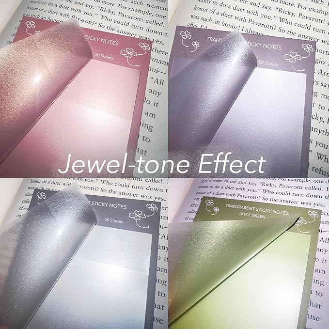 PARTSPOWER Super Transparent Sticky Notes, Jewel Tones 4 Packs 3X3 Inch See Through Annotating Sticky Notes for Annotating, Bible Study Supplies, Office School Supplies