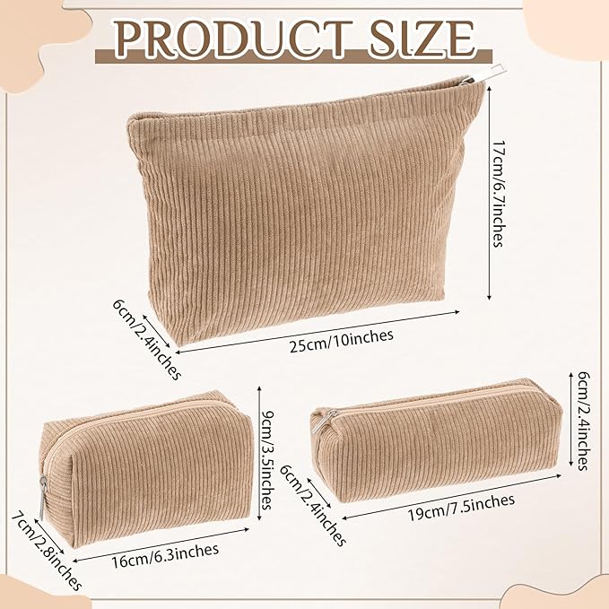 Huhumy 3 Pcs Makeup Bag Set for Women Corduroy Cosmetic Pouch Aesthetic Smile Travel Toiletry Bag Cute Purse Pouch Pencil Case Makeup Brushes Storage Organizer with Zipper(Khaki,Solid Style)