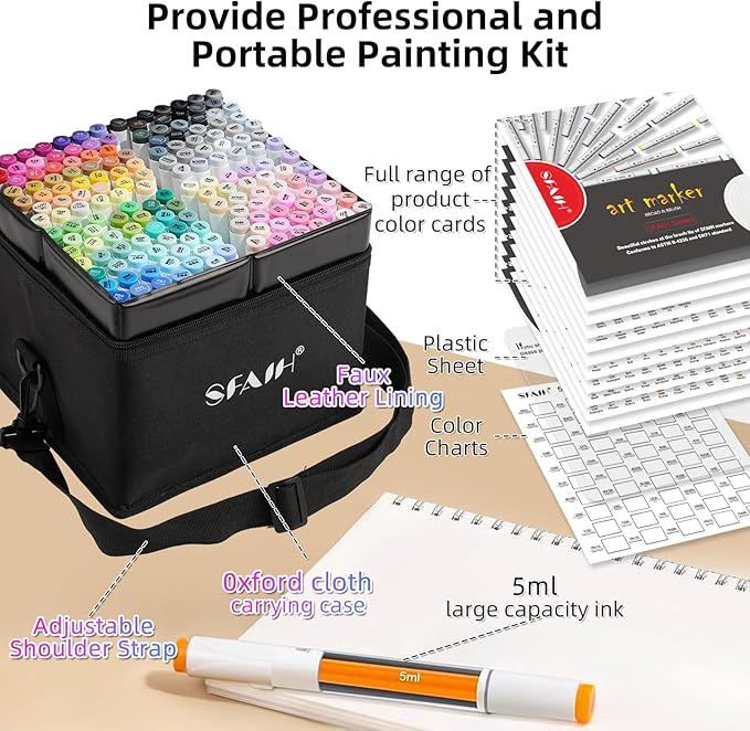 SFAIH Alcohol Markers Brush & Fine - 169 Colors Double Tipped Art Markers for Adult Coloring Illustration, Gifts for Artist Adult - Adjustable Shoulder Strap & Faux Leather Lining & Outer Zip Pocket