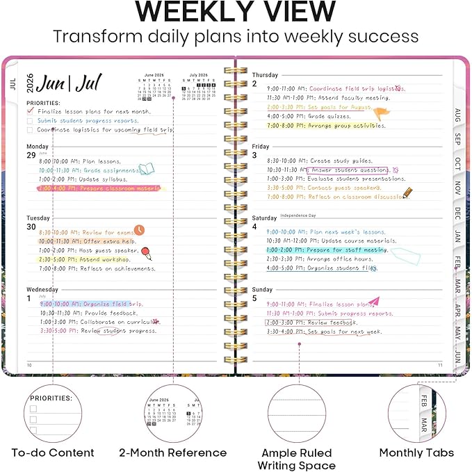 Academic Planner 2026-2027, Weekly and Monthly Calendar Book, July 2026 – June 2027, Hardcover Planner with Tabs, Perfect for Teachers, Students, Women & Men, A4 (8.5" x 11") - Hills