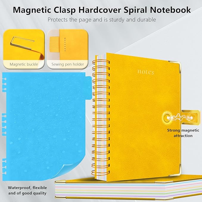 Hardcover Spiral Notebook College Ruled, 6.2"x 8.2" Leather Journal Notebook with Magnetic Closure, 300 Pages 5 Subject Notebook with Dividers Tabs Journal for Women Men, Work, School(Yellow)