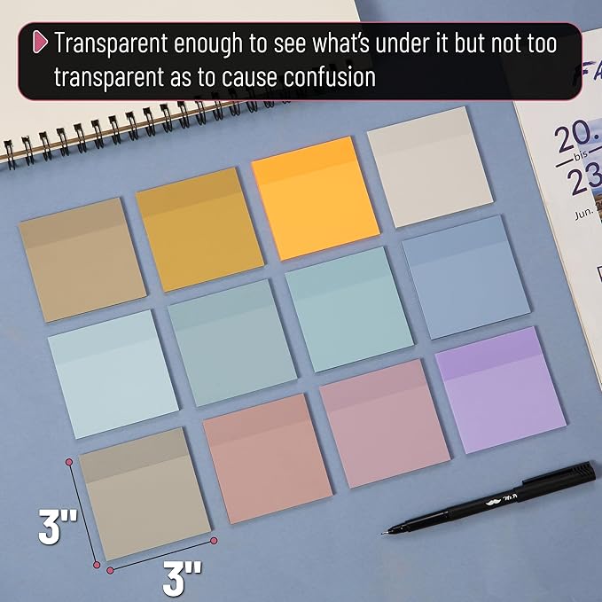 Mr. Pen- Transparent Sticky Notes, 3" x 3", 12 Pads, 600 Sheets, See Through Self-Adhesive Notes for Bible Journaling and Studying, Water-Resistant, Easy to Peel, Clean Removal