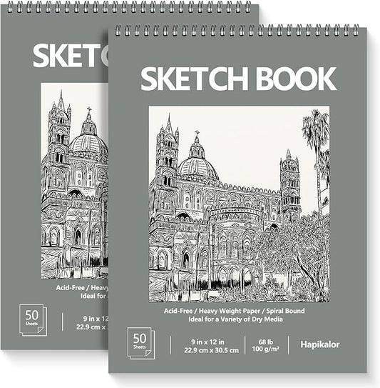 9" x 12" Sketch Book, 2-Pack 50 Sheets Spiral Bound Art Sketchbook, Acid Free Artist Drawing Book Paper, Art Supplies for Kids, Craft Activities, Sketch Paper for Drawing Coloring Sketching(Green)