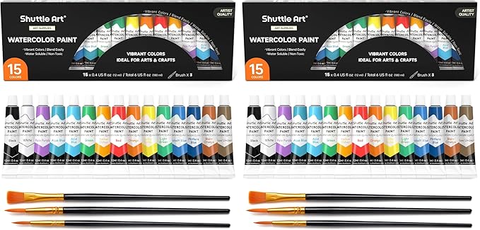 Shuttle Art Watercolor Paint Set, 15 Colors Watercolor Paint in Tubes (12ml Each) with 3 Brushes, Rich Pigments, Easy to Blend, Perfect for Kids, Artists, Beginners, Students (Pack of 2)