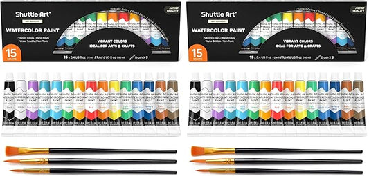 Shuttle Art Watercolor Paint Set, 15 Colors Watercolor Paint in Tubes (12ml Each) with 3 Brushes, Rich Pigments, Easy to Blend, Perfect for Kids, Artists, Beginners, Students (Pack of 2)