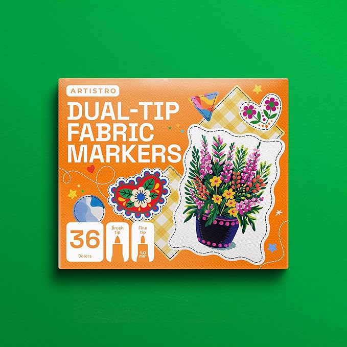 ARTISTRO 36 Dual-Tip Fabric Markers - Fabric Decorating Kit - Permanent for Clothes - No Bleed Pens for T-Shirts, Bags, Textile, Canvas, and More (Brush Tip and Fine Tip)