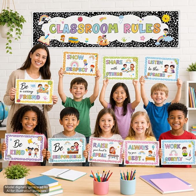 Classroom Rules Bulletin Board Set Colorful Composition Notebook Classroom Rules Paper Cutouts Motivational Educational Behavior Posters Wall Decor for Back to School Wall Door Decor Teacher Supplies