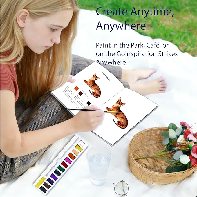 CraftyManor Watercolor Workbook Creative Insect Water color Paint Book Set with Paints & Brush, 12 Patterns of Original DIY Designs, Beginner-Friendly Adult Coloring Books (Cat)