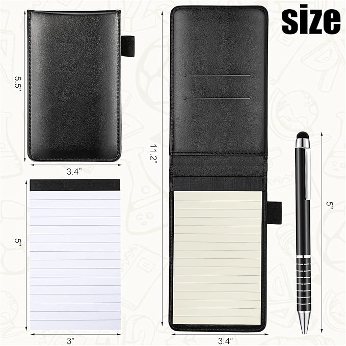 Outus 10 Pcs Mini Pocket Notepad Holder Set Included Small Leather Pocket Notebook Holder with 50 Lined Sheets, Metal Pen, 8 Pcs 3 x 5 Inch Memo Book Refills, 30 Lined Paper Per Note Pad (Black)