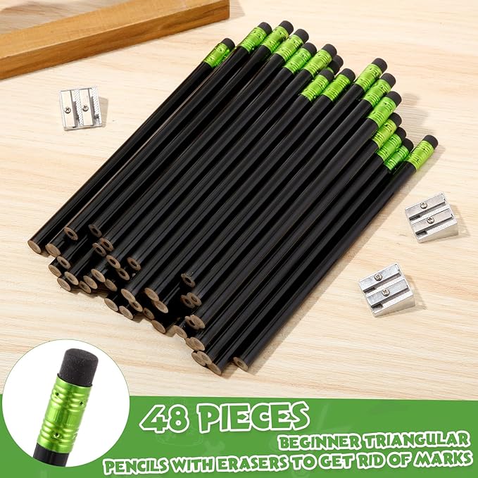Fainne 48 Pcs Fat Pencils Jumbo Big Thick Large Pencils and 3 Pieces Sharpeners for Kids Beginners Preschoolers Kindergarten School Office Supplies(Black,Round)