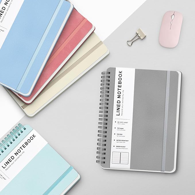 ABERLLS Lined Spiral Journal Notebook with 160 Pages, 8×5.7in, A5 Spiral Notebook, Journaling Notebooks for Work, School, Women, Men, College Ruled Spiral Notebook, Hardcover Leather Journals, Gray