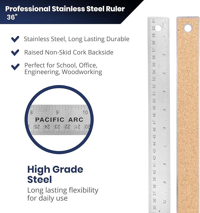Pacific Arc Stainless Steel 36 Inch Metal Ruler Non-Slip Cork Back, with Inch and Metric Graduations