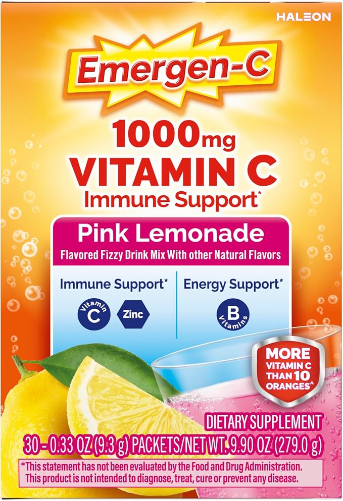 Emergen-C 1000mg Vitamin C Immune Support Powder Pink Lemonade 30CT includes Zinc, Manganese, 7 B Vitamins and Electrolytes for Back to School Essentials