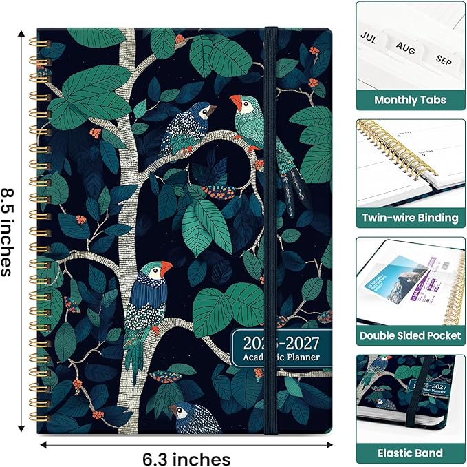 Planner 2026-2027, Academic Monthly and Weekly Calendar Planner for Women, July 2026 - June 2027, Hardcover Pretty Agenda Planner Book with Tabs, Spiral Daily Organizer for School Office Home Supplies, 6.3" x 8.5" - Midnight Aviary