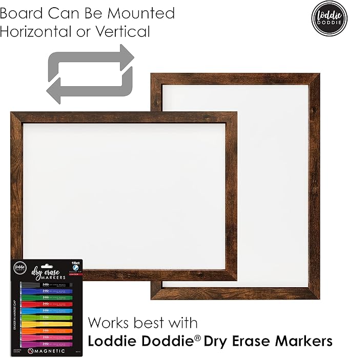 Loddie Doddie Magnetic Dry Erase Board for Wall - 18 x 24 in, Rustic Frame - Easy-Clean Whiteboard Surface - Built-in Marker Tray & Whiteboard Accessories - Magnet Board for Notes & Photos