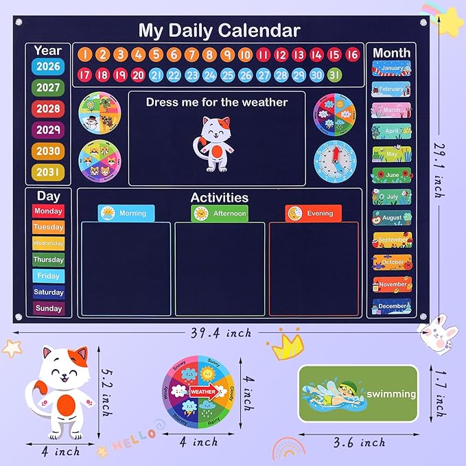 My Daily Calendar for Kids, 3.3Ft Felt Board for Toddler Kids Preschool Calendar for Classroom Circle Time Learning Center Days of The Week for Toddlers Learning Calendar Home Kindergarten Activities