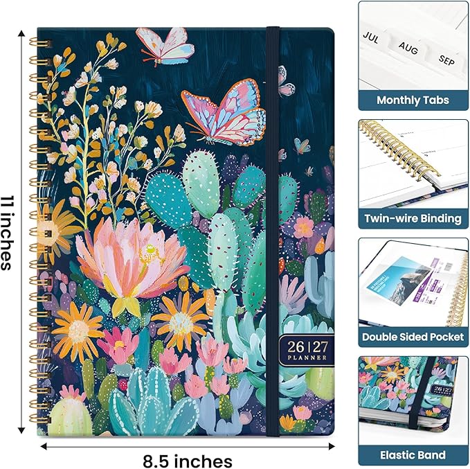 Planner 2026-2027, Academic Year Monthly and Weekly Calendar Planner, Jul 2026 - Jun 2027, Hardcover Teacher Student Planning Agenda book with Tabs, Perfect for School Office Supplies, 8.5" x 11" - Desert Whimsy