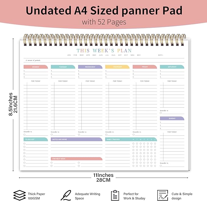 TREES Weekly To Do List Pad with 52 Undated Sheets（8.5"×11"）- Weekly Desk Notepad with Spiral Binding for Women & Man, Office, School and Home Personal Organizer