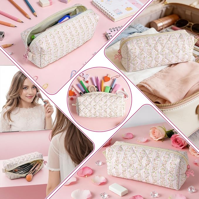Cute Quilted Pencil Case for Girls Women, Aesthetic Small Floral Pencil Pouch,Slim Soft Pencil Bag for School Supplies Makeup Pouch for School & Daily Use (Floral Stripes)
