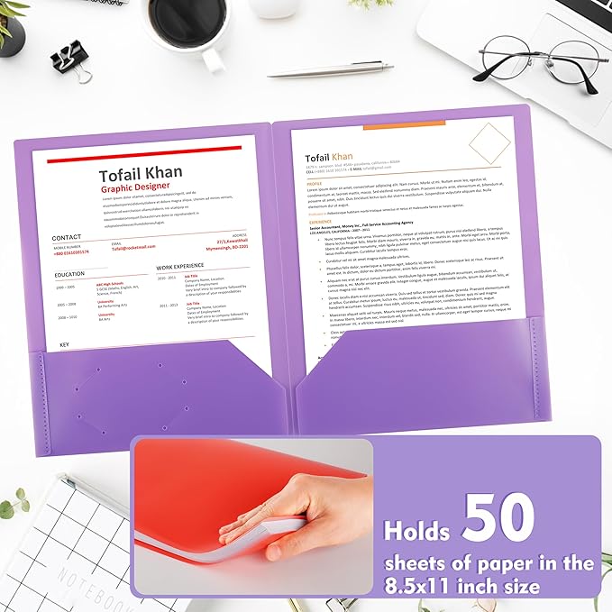 pmybupo 25Pack Purple Plastic Folders with Pockets,Durable Heavy Duty File Folders with Business Card Slot,2-Pocket Folder for Kids,Home,School,Office