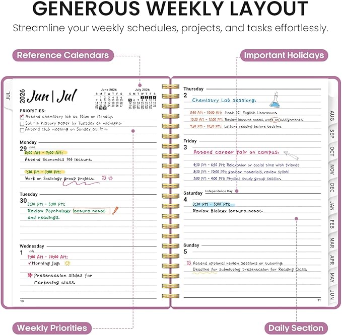 Planner 2026-2027, 6.3" x 8.5" Weekly and Monthly Academic Year Planner Calendar, July 2026 - June 2027, Hardcover Large School Planning Agenda With Tabs, Perfect for School & Office Supplies, A5, Purple