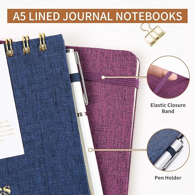 A5 Top Spiral Notebook – Hardcover Journal 160 Pages 100 GSM Thick Paper With Elastic Band & Pen Holder Steno Pads College Ruled Writing Notebooks for Work School Travel (1pack-Light Blue-style C)