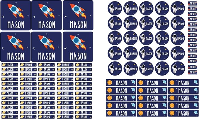 Andaz Press Custom Personalized Waterproof School Name Labels, Outer Space 120-Pack, Kids Labels Combo Pack Customizable Name Stickers Personalized School Supplies Camp Label Daycare Stickers