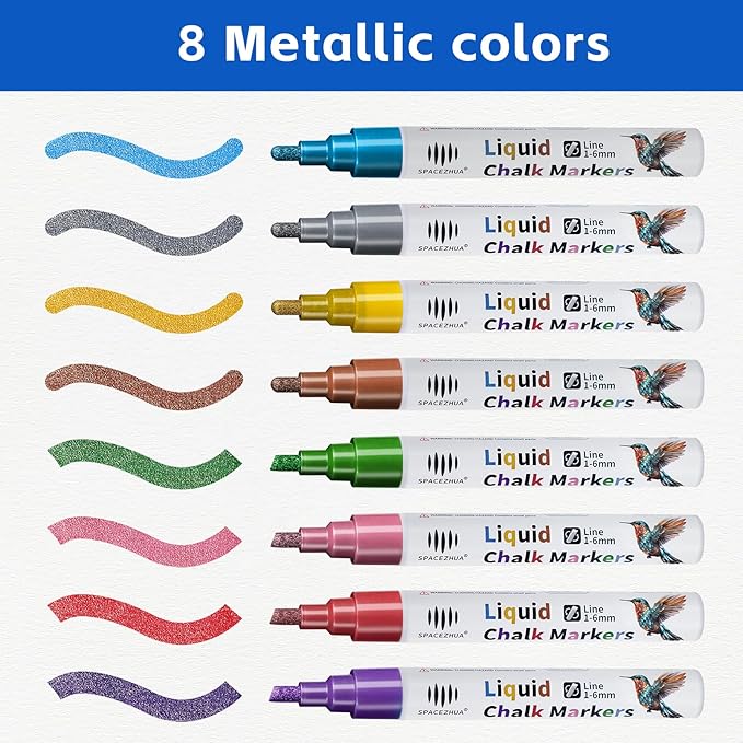 Liquid Chalk Markers with 6mm Reversible Tips 8 Colors Metallic Chalk Markers for Mirror Glass Window Cars, Blackboard Whiteboard Chalkboard, Dry - Wet Erase Pens