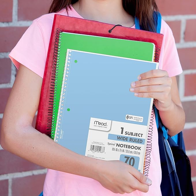 Mead Spiral Notebook, 6 Pack, 1 Subject, Wide Ruled Paper, 7-1/2" x 10-1/2", 70 Sheets per Notebook, Assorted Pastel Colors (930050-ECM)