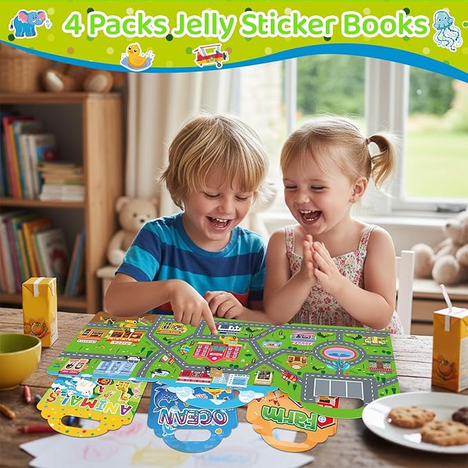 Jelly Sticker Books for Toddlers 2-4 Years, 4 Sets Reusable Sticker Books for Toddlers 1-3, Travel Toys Stickers Activity Book for Ages 2 3 4 5 6 Boy Girl Birthday Gifts (4Sets-Collection 1)