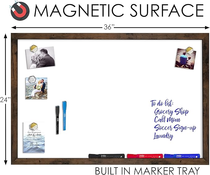 Loddie Doddie Magnetic Whiteboard - 24 x 36 in Rustic Wood Frame - Magnetic Dry Erase Board for Wall - Big White Board for Home Office - Built-in Marker Tray & Message Center