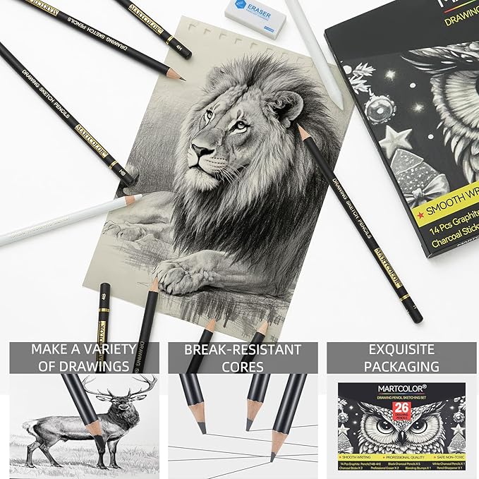 MARTCOLOR Drawing Sketching Pencil Set, 26 Pieces, Graphite Pencils (14B-4H), Charcoal Pencils, Charcoal Sticks, Blending Stump, Eraser, Sharpeners, Artist Pencils for Beginners & Pro Artists