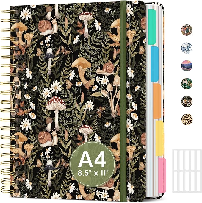 Large Spiral Notebook with Dividers & Tabs, 8.5" x 11" Hardcover 5 Subject Notebook for Work, 280 Pages, College Ruled, Cute Journal for Women, Perfect for Study & Office Note Taking, Mushroom