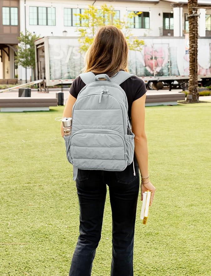 Uselike Travel Backpack for Women, 15.6 Inch Laptop Backpack, Quilted College Bookbag, Cute Work Backpacks, Water Resistant (Dawn Grey)