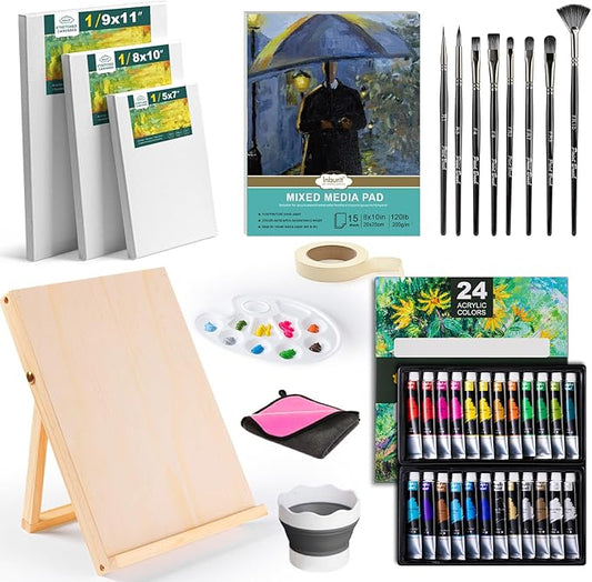 Inburit Acrylic Paint Set, Painting Supplies Kits with 24 Acrylic Paints(22ml), 8 Brushes,1 Wooden Easel,1 Palette etc, Paint Kit for Kids,Adults and Artists